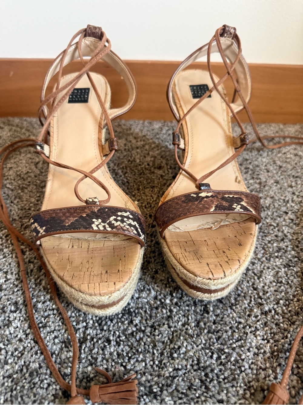White House Black Market Brown Snake-Print Cork Espadrille Wedges with Wrap Ties